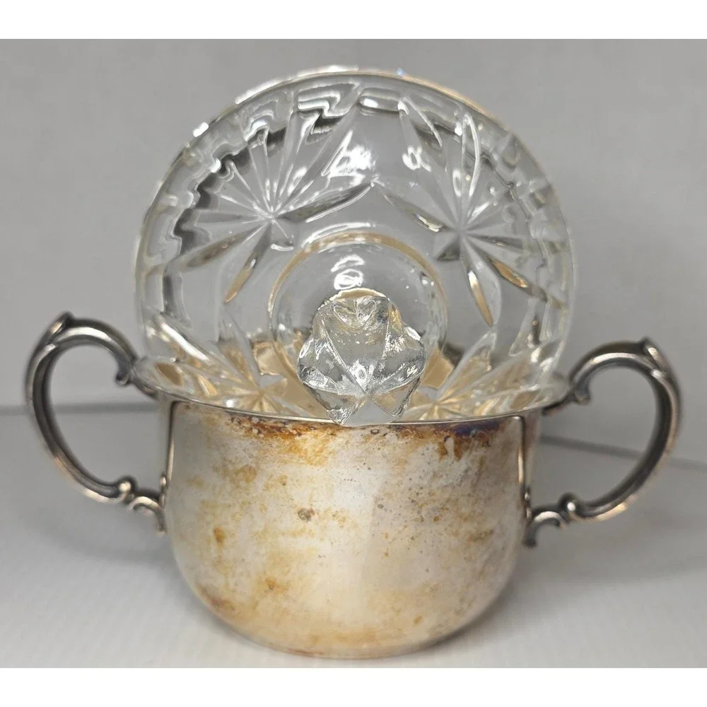 Sheridan Sugar Bowl OS Silver Fair Vintage Silver Plated Cut Glass‎ Lid